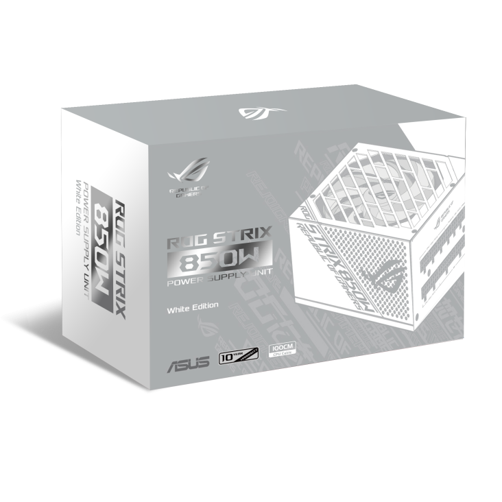 ASUS ROG Strix 850W White Edition PSU, ROG Heatsinks, Axial-tech, Fan Design, Dual Ball Fan Bearings, 0dB Technology