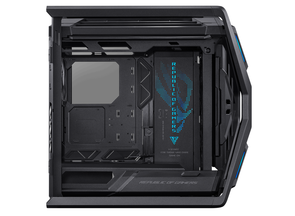 ASUS ROG Hyperion GR701 E-ATX computer case, 420 mm dual radiator support, four 140 mm fans, metal GPU holder, component storage, ARGB fan hub, 60W fast charging