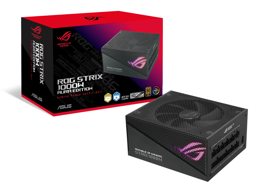 ASUS ROG Strix 1000W Gold Aura Edition, Aluminum Case, OG Heatsinks, Axial-tech Fan Design, Dual Ball Fan Bearings, dB Technology