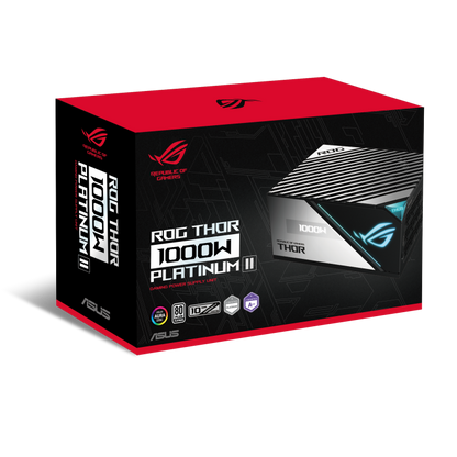 ASUS ROG Thor 1000W Platinum II, ROG Thermal Solution100-240Vac, MB 24/20-pin x 1 CPU 4+4-pin x 2 PCI-E 12-pin x 1 PCI-E 6+2-pin x 8 SATA x 12 PERIPHERAL x 6