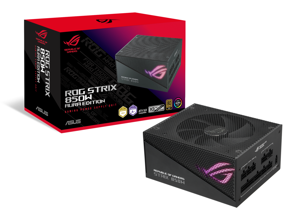 ASUS ROG Strix 850W Gold Aura Edition, Aluminum Case, OG Heatsinks, Axial-tech Fan Design, Dual Ball Fan Bearings, dB Technology