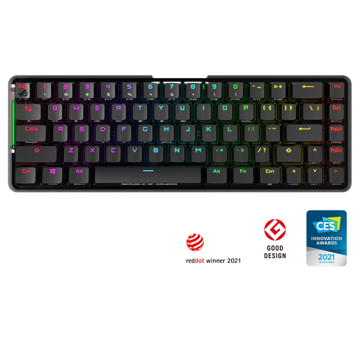 ASUS ROG Falchion NX 65% wireless mechanical gaming keyboard with 68 keys, wireless Aura Sync lighting, interactive touch panel, keyboard cover case, ROG NX switches, and up to 450-hour battery life