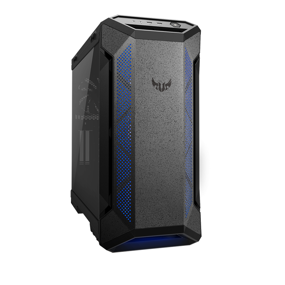 ASUS TUF Gaming GT501 Gray Edition case supports up to EATX with metal front panel, tempered-glass side panel, 120 mm RGB fan, 140 mm PWM fan, radiator space reserved, and USB 3.1 Gen 1