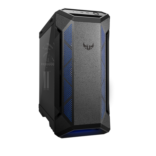 ASUS TUF Gaming GT501 Gray Edition case supports up to EATX with metal front panel, tempered-glass side panel, 120 mm RGB fan, 140 mm PWM fan, radiator space reserved, and USB 3.1 Gen 1