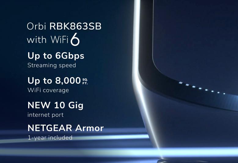 NETGEAR AX6000 Orbi 860 Series Tri-band Mesh with 2 Satellites Black, 6Gbps, 10 Gig Port, 3-Pack with 1-year NETGEAR Armor included