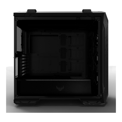 ASUS TUF Gaming GT501 Gray Edition case supports up to EATX with metal front panel, tempered-glass side panel, 120 mm RGB fan, 140 mm PWM fan, radiator space reserved, and USB 3.1 Gen 1