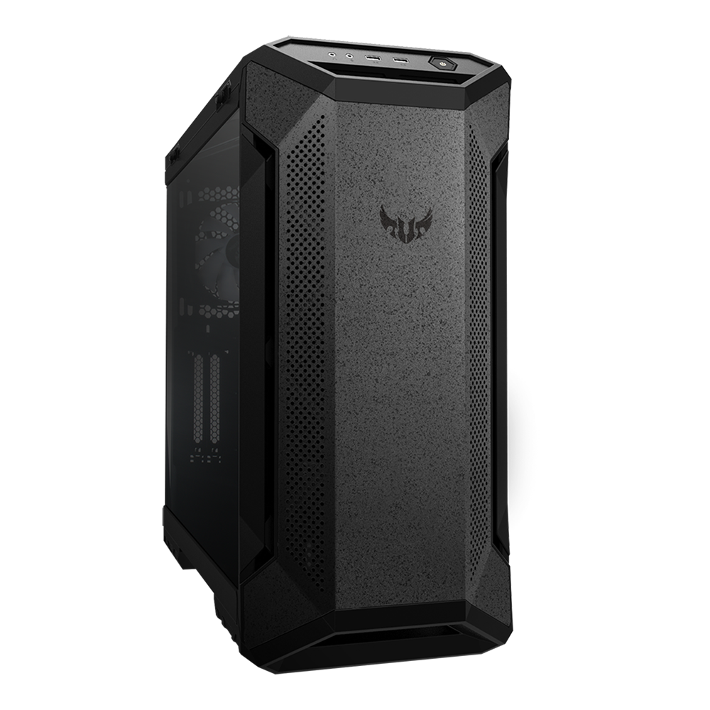 ASUS TUF Gaming GT501 Gray Edition case supports up to EATX with metal front panel, tempered-glass side panel, 120 mm RGB fan, 140 mm PWM fan, radiator space reserved, and USB 3.1 Gen 1