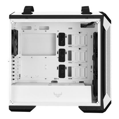 ASUS TUF Gaming GT501 White Edition case supports up to EATX with metal front panel, tempered-glass side panel, 120 mm RGB fan, 140 mm PWM fan, radiator space reserved, and USB 3.1 Gen 1