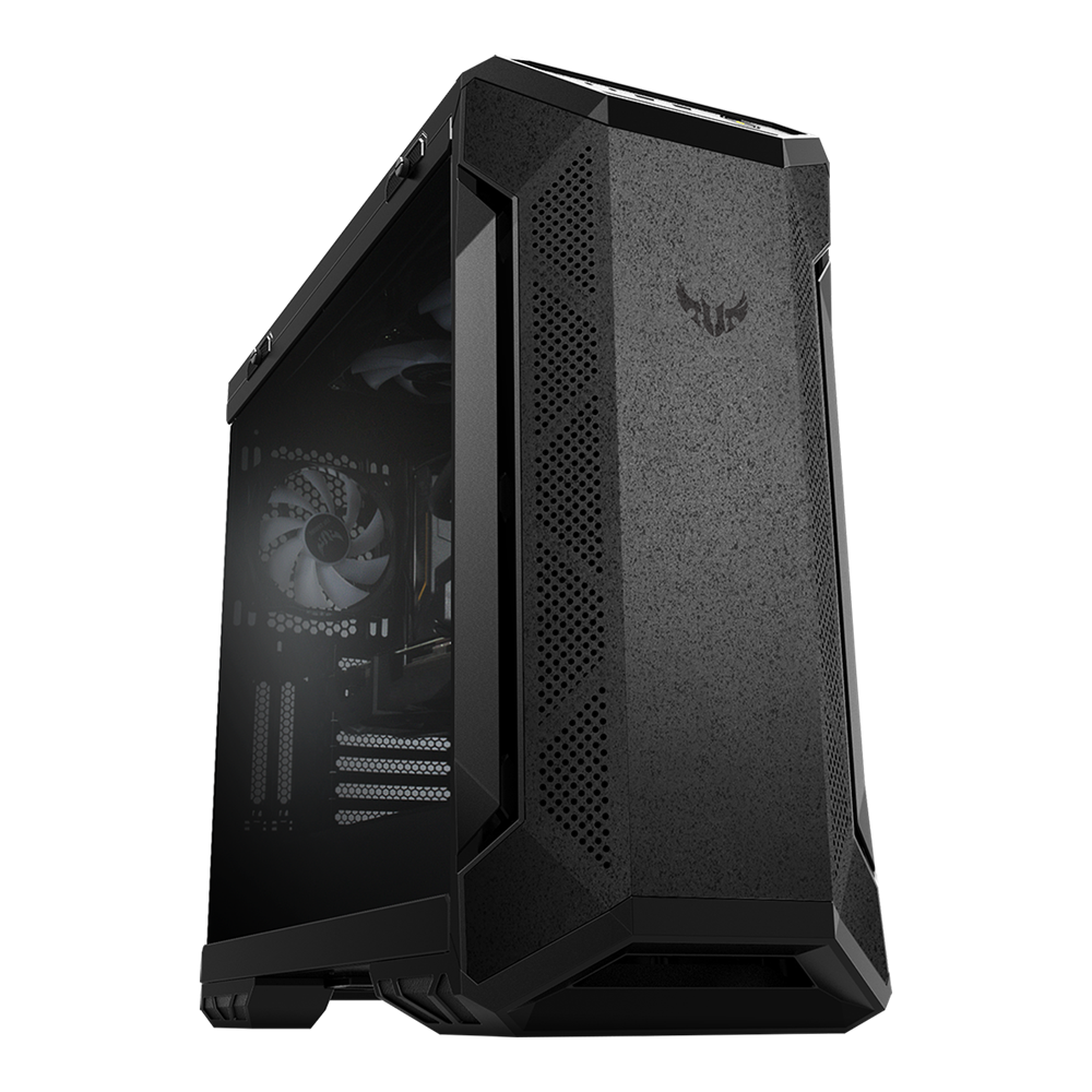 ASUS TUF Gaming GT501 Gray Edition case supports up to EATX with metal front panel, tempered-glass side panel, 120 mm RGB fan, 140 mm PWM fan, radiator space reserved, and USB 3.1 Gen 1