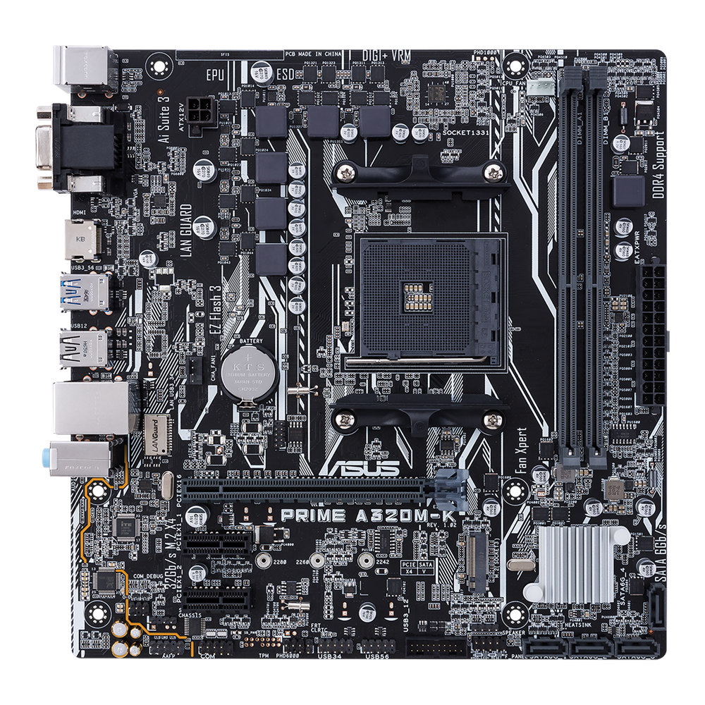 ASUS ASUS MB PRIME A320M-K   AMD AM4 uATX motherboard with LED lighting, DDR4 3200MHz, 32Gb/s M.2, HDMI, SATA 6Gb/s, USB 3.0