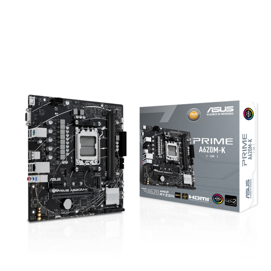 ASUS AMD A620 micro-ATX motherboard, DDR5, PCIe 4.0 Graphics card and PCIe 4.0 M.2 support, DisplayPort, HDMI™, VGA, USB 3.2 Gen 1 Type-A, SATA 6 Gbps, Two-Way AI Noise Cancelation, Aura Sync (PRIME A620M-K-CSM)