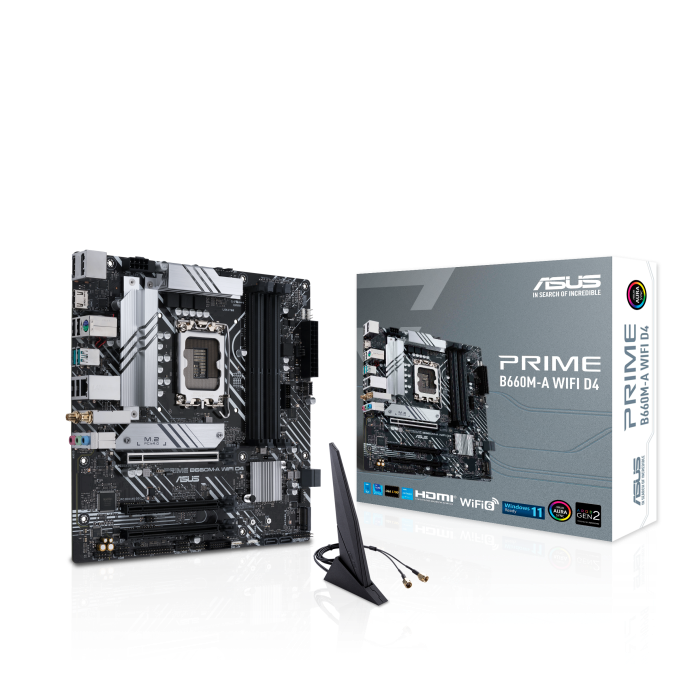 ASUS PRIME B660M-A WIFI D4 Intel® B660 (LGA 1700) mATX motherboard with PCIe 4.0, two M.2 slots, Intel® 1Gb Ethernet, Intel® Wi-Fi 6 , DP,2 x HDMI® , rear USB 3.2 Gen 2, front USB 3.2 Gen 1 Type-C, Aura Sync