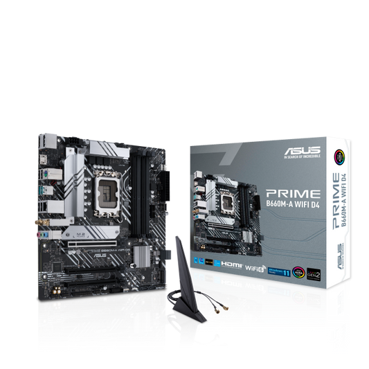 ASUS PRIME B660M-A WIFI D4 Intel® B660 (LGA 1700) mATX motherboard with PCIe 4.0, two M.2 slots, Intel® 1Gb Ethernet, Intel® Wi-Fi 6 , DP,2 x HDMI® , rear USB 3.2 Gen 2, front USB 3.2 Gen 1 Type-C, Aura Sync