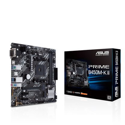 ASUS AMD B450 (Ryzen AM4) micro ATX motherboard with M.2 support, HDMI/DVI-D/D-Sub, SATA 6 Gbps, 1 Gb Ethernet, USB 3.2 Gen 1 Type-A, BIOS FlashBack™ (PRIME B450M-K II)