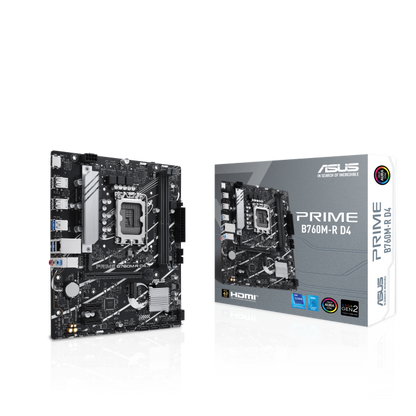 ASUS PRIME B760M-R D4, an Intel® B760 LGA 1700 micro-ATX motherboard with PCIe 4.0, two PCIe 4.0 M.2 slots, DDR4, Realtek 2.5Gb Ethernet, HDMI™, SATA 6 Gbps, front USB 5Gbps ports, Aura Sync (PRIME B760M-R D4)