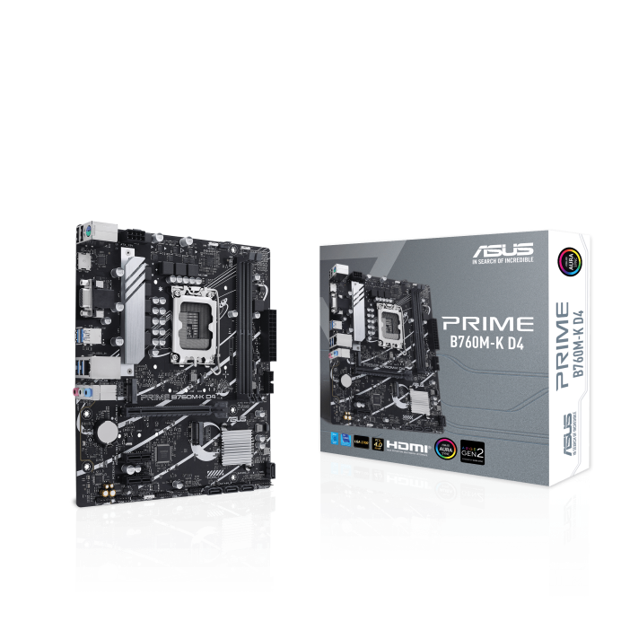 ASUS Prime B760M-K D4, an Intel® B760 LGA 1700 mATX motherboard with PCIe 4.0, two PCIe 4.0 M.2 slots, DDR4, Realtek 2.5Gb Ethernet, VGA, HDMI®, SATA 6 Gbps, front USB 3.2 Gen 1, Aura Sync