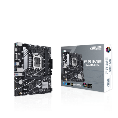 ASUS Prime B760M-K D4, an Intel® B760 LGA 1700 mATX motherboard with PCIe 4.0, two PCIe 4.0 M.2 slots, DDR4, Realtek 2.5Gb Ethernet, VGA, HDMI®, SATA 6 Gbps, front USB 3.2 Gen 1, Aura Sync