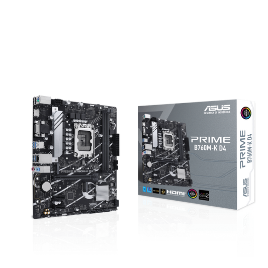 ASUS Prime B760M-K D4, an Intel® B760 LGA 1700 mATX motherboard with PCIe 4.0, two PCIe 4.0 M.2 slots, DDR4, Realtek 2.5Gb Ethernet, VGA, HDMI®, SATA 6 Gbps, front USB 3.2 Gen 1, Aura Sync