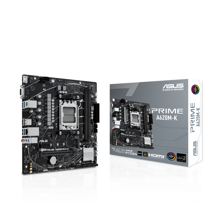 ASUS AMD A620 micro-ATX motherboard, DDR5, PCIe 4.0 Graphics card and PCIe 4.0 M.2 support, HDMI™, VGA, USB 3.2 Gen 1 Type-A, SATA 6 Gbps, Two-Way AI Noise Cancelation, Aura Sync (PRIME A620M-K)