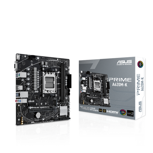 ASUS AMD A620 micro-ATX motherboard, DDR5, PCIe 4.0 Graphics card and PCIe 4.0 M.2 support, HDMI™, VGA, USB 3.2 Gen 1 Type-A, SATA 6 Gbps, Two-Way AI Noise Cancelation, Aura Sync (PRIME A620M-K)