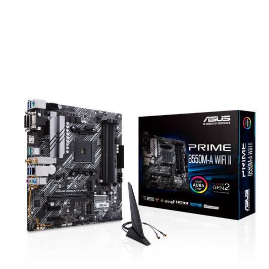 ASUS PRIME B550M-A WIFI II,AMD B550 (Ryzen AM4) micro ATX motherboard with dual M.2, PCIe 4.0, Wi-Fi 6, 1 Gb Ethernet, HDMI, DVI-D, D-Sub, SATA 6 Gbps, USB 3.2 Gen 2 Type-A, and Aura Sync RGB lighting support