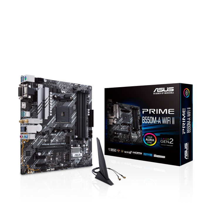 ASUS PRIME B550M-A WIFI II,AMD B550 (Ryzen AM4) micro ATX motherboard with dual M.2, PCIe 4.0, Wi-Fi 6, 1 Gb Ethernet, HDMI, DVI-D, D-Sub, SATA 6 Gbps, USB 3.2 Gen 2 Type-A, and Aura Sync RGB lighting support