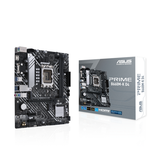 ASUS PRIME B660M-K D4 Intel® B660 (LGA 1700) mATX motherboard with PCIe® 4.0, two M.2 slots, DDR4, HDMI®, D-Sub, Realtek 1Gb Ethernet, front USB 3.2 Gen 1, ASUS Lighting Control Intel® LGA 1700 socket: Ready for 13th & 12th gen Intel® processors