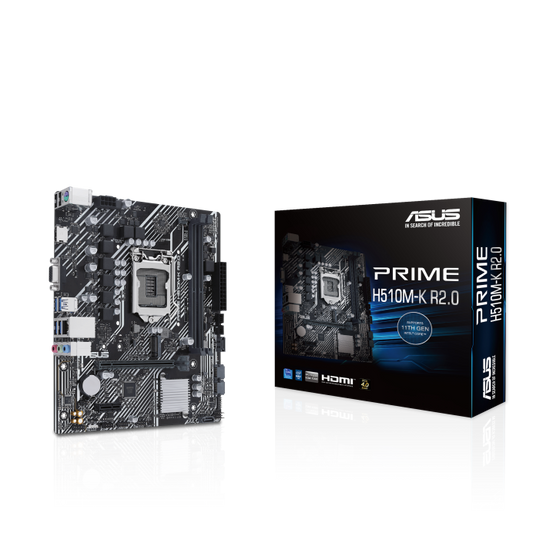 ASUS PRIME H510M-K R2.0 Intel® H470 (LGA 1200) micro ATX motherboard with PCIe 4.0, 32Gbps M.2 slot, HDMI™, VGA, USB 3.2 Gen 1 Type-A, SATA 6 Gbps, Intel® Optane Memory Ready, FAN Xpert, Armoury Crate