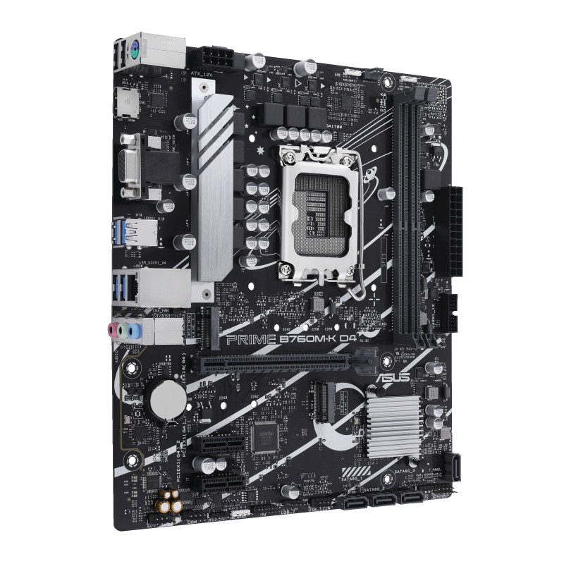 ASUS Prime B760M-K D4, an Intel® B760 LGA 1700 mATX motherboard with PCIe 4.0, two PCIe 4.0 M.2 slots, DDR4, Realtek 2.5Gb Ethernet, VGA, HDMI®, SATA 6 Gbps, front USB 3.2 Gen 1, Aura Sync