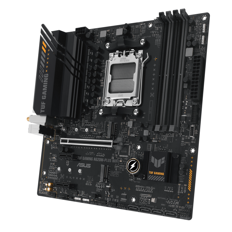 ASUS AMD A620 (Ryzen AM5) micro-ATX motherboard with DDR5, PCIe 4.0, dual M.2 slots, 2 x DisplayPort, HDMI™, Realtek 2.5Gb Ethernet, Wi-Fi 6, front USB 3.2 Gen 1 Type-C®, SATA 6 Gbps, BIOS FlashBack™, M.2 Q-Latch