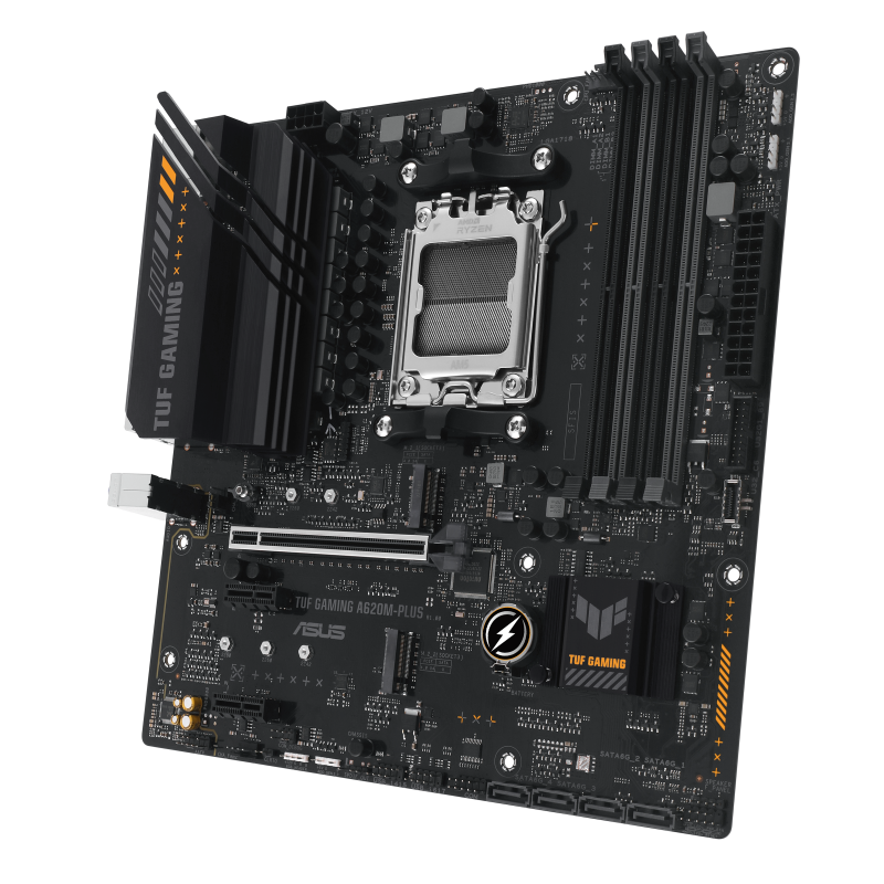 ASUS AMD A620 (Ryzen AM5) micro-ATX motherboard with DDR5, PCIe 4.0, dual M.2 slots, 2 x DisplayPort, HDMI™, Realtek 2.5Gb Ethernet, front USB 3.2 Gen 1 Type-C®, SATA 6 Gbps, BIOS FlashBack™, M.2 Q-Latch (TUF GAMING A620M-PLUS)