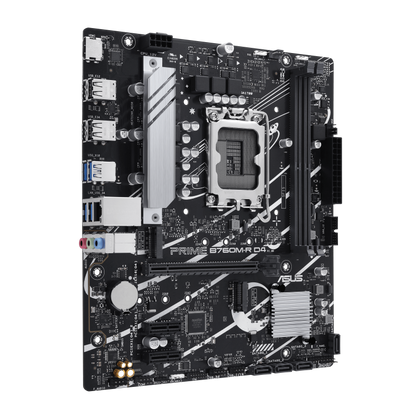 ASUS PRIME B760M-R D4, an Intel® B760 LGA 1700 micro-ATX motherboard with PCIe 4.0, two PCIe 4.0 M.2 slots, DDR4, Realtek 2.5Gb Ethernet, HDMI™, SATA 6 Gbps, front USB 5Gbps ports, Aura Sync (PRIME B760M-R D4)