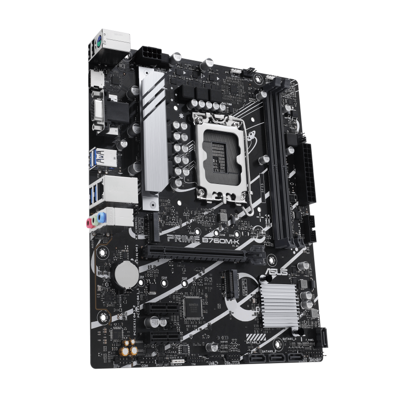 ASUS (Prime B760M-K) Intel® B760 LGA 1700 mATX motherboard with PCIe 4.0, two PCIe 4.0 M.2 slots, DDR5, Realtek 2.5Gb Ethernet, VGA, HDMI™, SATA 6 Gbps, front USB 3.2 Gen 1, Aura Sync