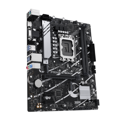 ASUS (Prime B760M-K) Intel® B760 LGA 1700 mATX motherboard with PCIe 4.0, two PCIe 4.0 M.2 slots, DDR5, Realtek 2.5Gb Ethernet, VGA, HDMI™, SATA 6 Gbps, front USB 3.2 Gen 1, Aura Sync