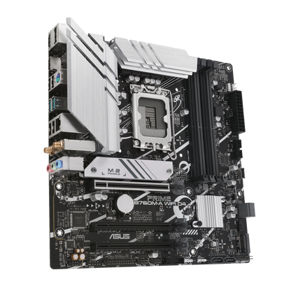 ASUS Intel® B760 (LGA 1700) mATX motherboard, PCIe 4.0, two M.2 slots, Realtek 2.5Gb Ethernet, Wi-Fi 6, DisplayPort, Dual HDMI®, SATA 6 Gbps, rear USB 3.2 Gen 2, front USB 3.2 Gen 1 Type-C®, Aura Sync