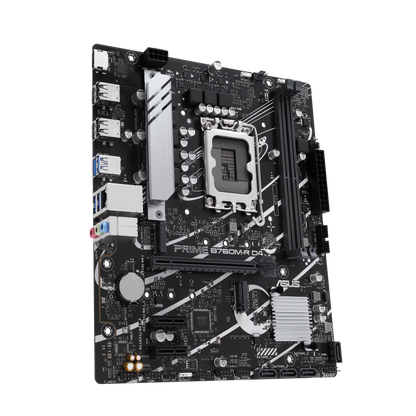 ASUS PRIME B760M-R D4, an Intel® B760 LGA 1700 micro-ATX motherboard with PCIe 4.0, two PCIe 4.0 M.2 slots, DDR4, Realtek 2.5Gb Ethernet, HDMI™, SATA 6 Gbps, front USB 5Gbps ports, Aura Sync (PRIME B760M-R D4)