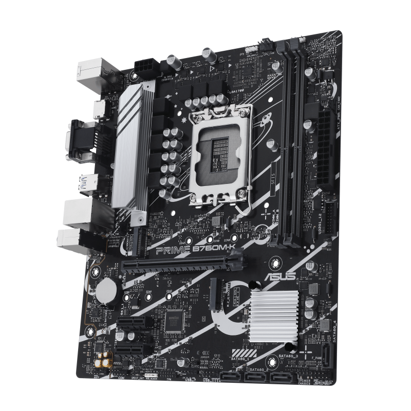 ASUS (Prime B760M-K) Intel® B760 LGA 1700 mATX motherboard with PCIe 4.0, two PCIe 4.0 M.2 slots, DDR5, Realtek 2.5Gb Ethernet, VGA, HDMI™, SATA 6 Gbps, front USB 3.2 Gen 1, Aura Sync