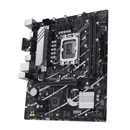 ASUS (Prime B760M-K) Intel® B760 LGA 1700 mATX motherboard with PCIe 4.0, two PCIe 4.0 M.2 slots, DDR5, Realtek 2.5Gb Ethernet, VGA, HDMI™, SATA 6 Gbps, front USB 3.2 Gen 1, Aura Sync