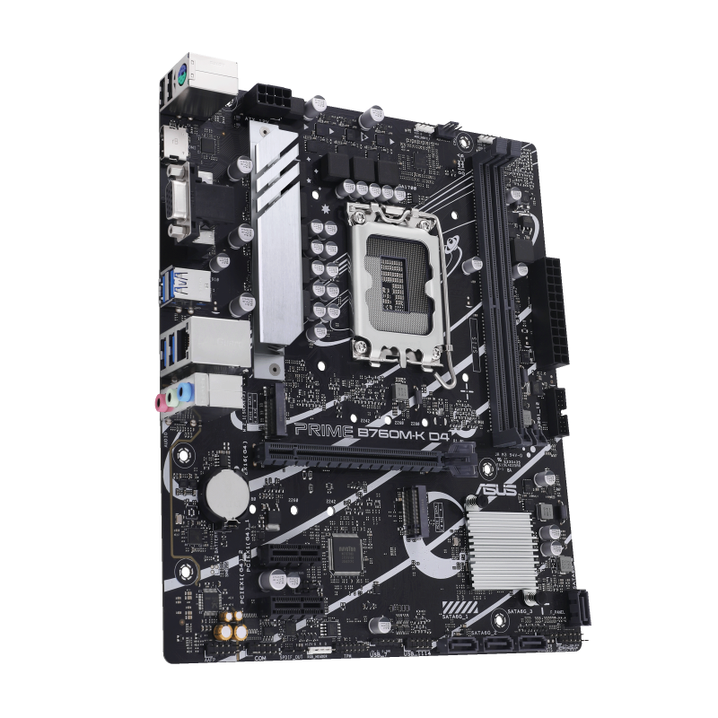 ASUS Prime B760M-K D4, an Intel® B760 LGA 1700 mATX motherboard with PCIe 4.0, two PCIe 4.0 M.2 slots, DDR4, Realtek 2.5Gb Ethernet, VGA, HDMI®, SATA 6 Gbps, front USB 3.2 Gen 1, Aura Sync