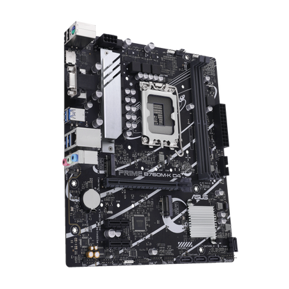 ASUS Prime B760M-K D4, an Intel® B760 LGA 1700 mATX motherboard with PCIe 4.0, two PCIe 4.0 M.2 slots, DDR4, Realtek 2.5Gb Ethernet, VGA, HDMI®, SATA 6 Gbps, front USB 3.2 Gen 1, Aura Sync