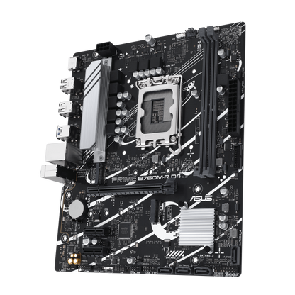 ASUS PRIME B760M-R D4, an Intel® B760 LGA 1700 micro-ATX motherboard with PCIe 4.0, two PCIe 4.0 M.2 slots, DDR4, Realtek 2.5Gb Ethernet, HDMI™, SATA 6 Gbps, front USB 5Gbps ports, Aura Sync (PRIME B760M-R D4)