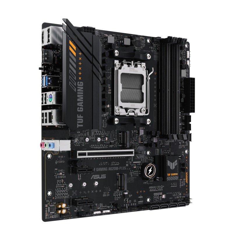 ASUS AMD A620 (Ryzen AM5) micro-ATX motherboard with DDR5, PCIe 4.0, dual M.2 slots, 2 x DisplayPort, HDMI™, Realtek 2.5Gb Ethernet, front USB 3.2 Gen 1 Type-C®, SATA 6 Gbps, BIOS FlashBack™, M.2 Q-Latch (TUF GAMING A620M-PLUS)