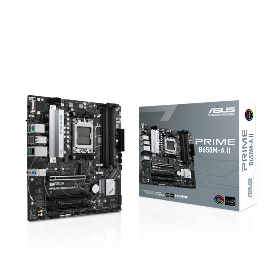 ASUS AMD B650 Micro-ATX motherboard with DDR5, PCIe 5.0 M.2, 2.5Gb Ethernet, DisplayPort, HDMI®, VGA, rear USB 3.2 Gen 2, front USB 3.2 Gen 1 Type-C®, BIOS FlashBack™, Aura Sync (PRIME B650M-A II)