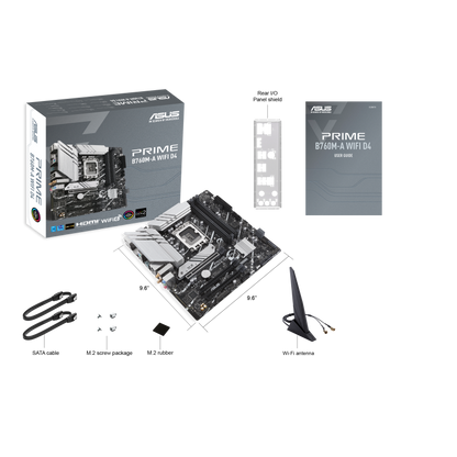 ASUS Intel® B760 (LGA 1700) mATX motherboard, PCIe 4.0, two M.2 slots, Realtek 2.5Gb Ethernet, Wi-Fi 6, DisplayPort, Dual HDMI®, SATA 6 Gbps, rear USB 3.2 Gen 2, front USB 3.2 Gen 1 Type-C®, Aura Sync