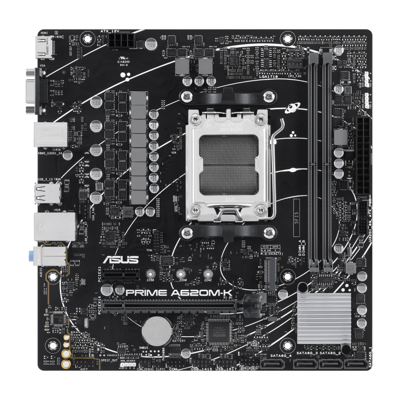 ASUS AMD A620 micro-ATX motherboard, DDR5, PCIe 4.0 Graphics card and PCIe 4.0 M.2 support, HDMI™, VGA, USB 3.2 Gen 1 Type-A, SATA 6 Gbps, Two-Way AI Noise Cancelation, Aura Sync (PRIME A620M-K)