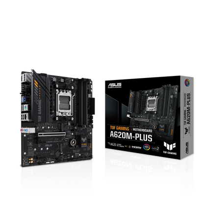 ASUS AMD A620 (Ryzen AM5) micro-ATX motherboard with DDR5, PCIe 4.0, dual M.2 slots, 2 x DisplayPort, HDMI™, Realtek 2.5Gb Ethernet, front USB 3.2 Gen 1 Type-C®, SATA 6 Gbps, BIOS FlashBack™, M.2 Q-Latch (TUF GAMING A620M-PLUS)