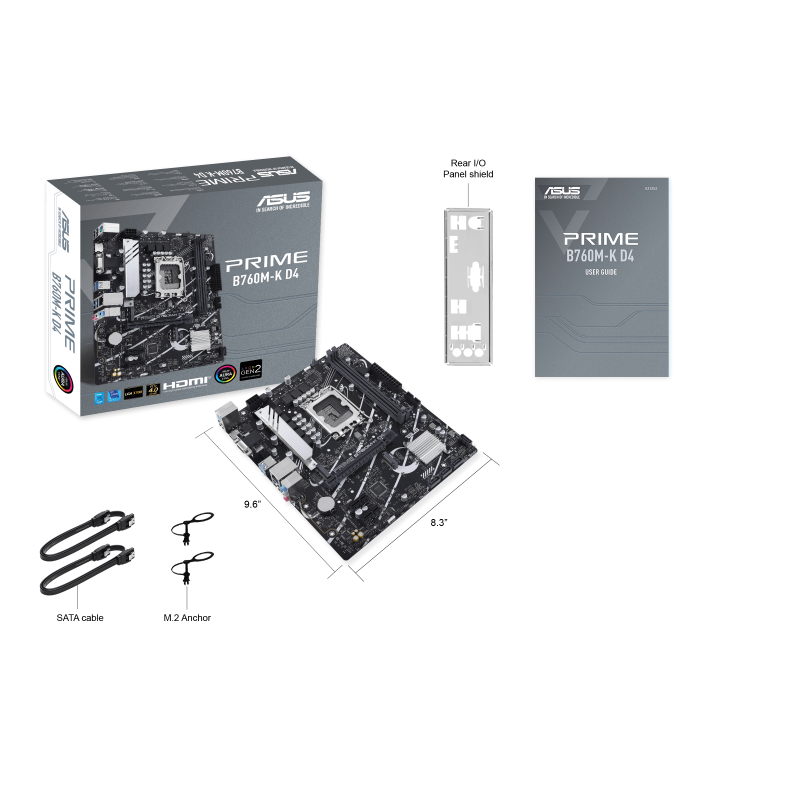 ASUS Prime B760M-K D4, an Intel® B760 LGA 1700 mATX motherboard with PCIe 4.0, two PCIe 4.0 M.2 slots, DDR4, Realtek 2.5Gb Ethernet, VGA, HDMI®, SATA 6 Gbps, front USB 3.2 Gen 1, Aura Sync