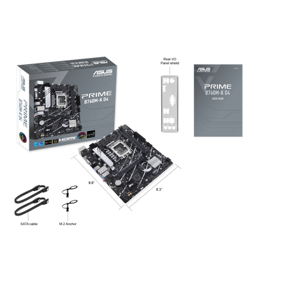 ASUS Prime B760M-K D4, an Intel® B760 LGA 1700 mATX motherboard with PCIe 4.0, two PCIe 4.0 M.2 slots, DDR4, Realtek 2.5Gb Ethernet, VGA, HDMI®, SATA 6 Gbps, front USB 3.2 Gen 1, Aura Sync