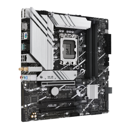 ASUS Intel® B760 (LGA 1700) mATX motherboard, PCIe 4.0, two M.2 slots, Realtek 2.5Gb Ethernet, Wi-Fi 6, DisplayPort, Dual HDMI®, SATA 6 Gbps, rear USB 3.2 Gen 2, front USB 3.2 Gen 1 Type-C®, Aura Sync