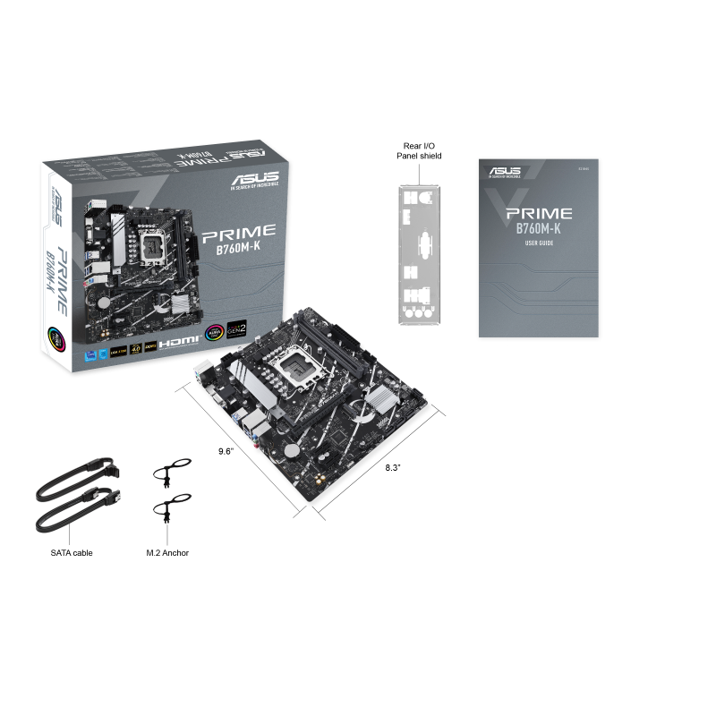 ASUS (Prime B760M-K) Intel® B760 LGA 1700 mATX motherboard with PCIe 4.0, two PCIe 4.0 M.2 slots, DDR5, Realtek 2.5Gb Ethernet, VGA, HDMI™, SATA 6 Gbps, front USB 3.2 Gen 1, Aura Sync